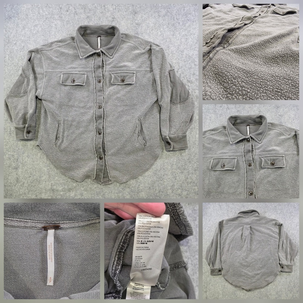 Free People Ruby Jacket Womens Small Gray Sherpa Fleece Button Front Shirt